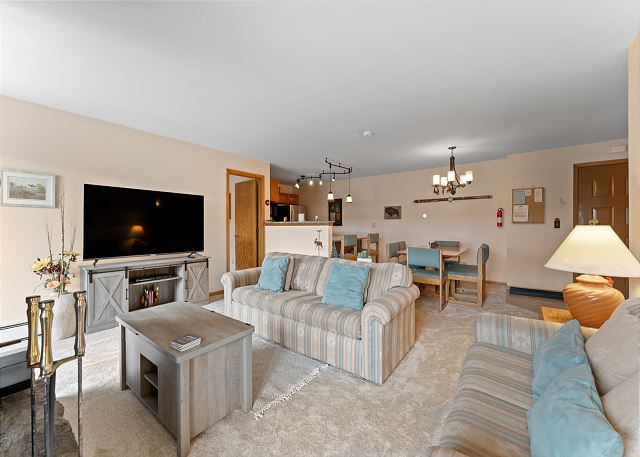Living area with a wood burning fireplace, TV, and queen sleeper sofa. 