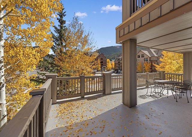 Private wrap-around patio overlooking Dercum Square with outdoor seating. 