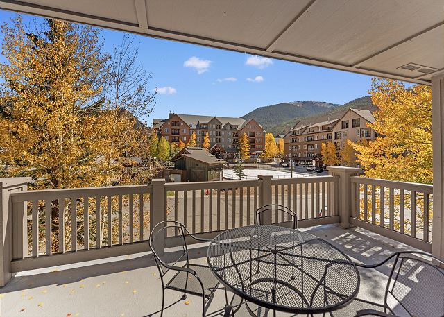 Private wrap-around patio overlooking Dercum Square with outdoor seating. 