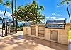 Kanai A Nalu complex features stainless steel outdoor BBQ grills and prep areas for oceanfront dining under the trees.