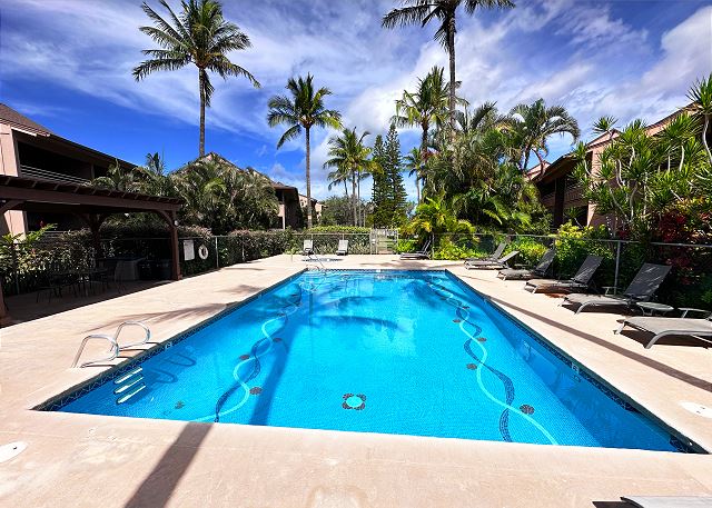 Cool off in this amazing swimming pool with palm tree views.