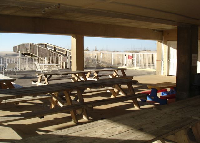 Picnic tables near pool