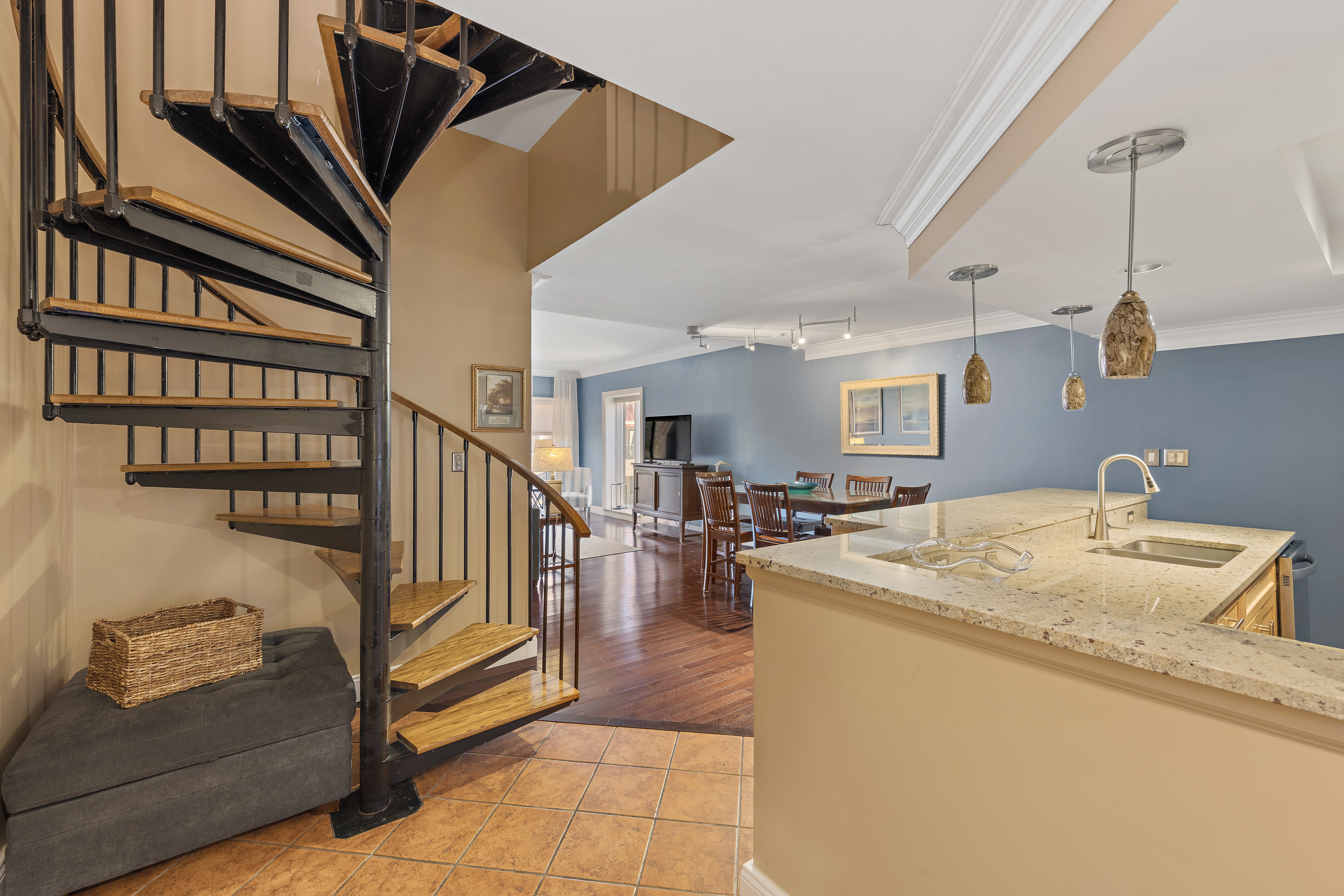 Open Layout Apartment Connecting Living Room, Dining Area, & Kit