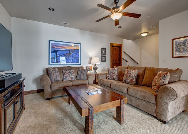 Lower Level Family Room with Large TV and Sleeper Sofa