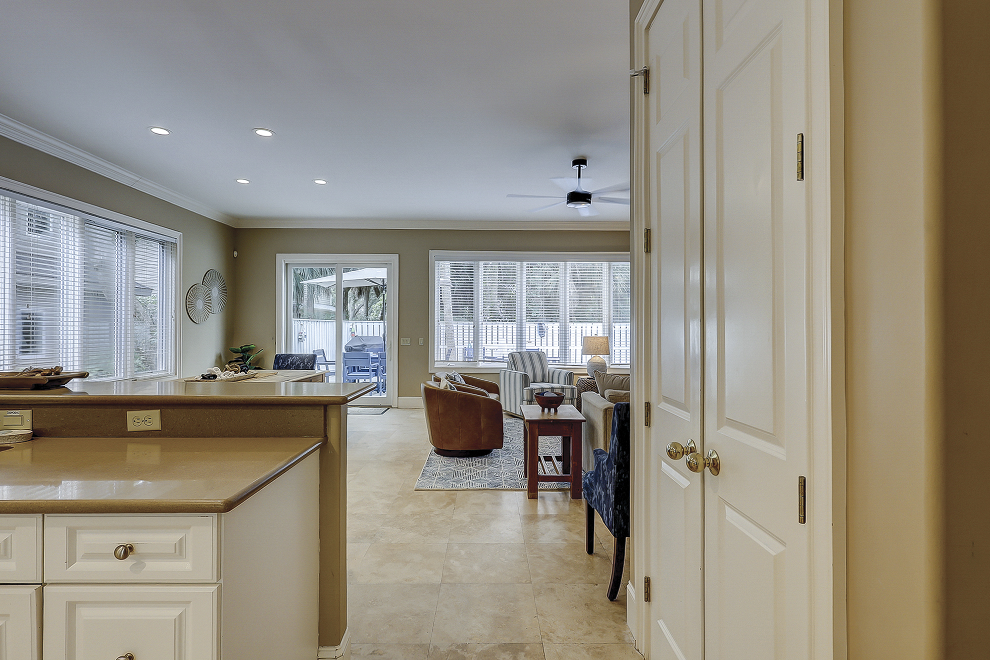 Kitchen View to Dining and Living Room Areas