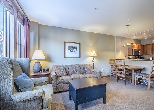 Living Area-
Queen sofa sleeper, large windows, and access to the private balcony.