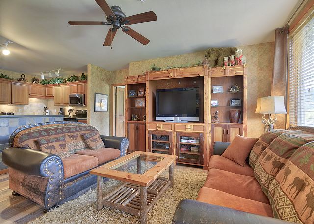 Mountain cabin-style decor. Queen size sofa sleeper. Access to private balcony. gas fireplace. 