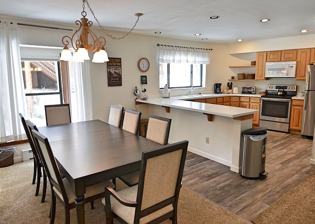 Recently remodeled kitchen and dining room area. The dining room will easily seat all of the guests and the kitchen is fully equipped. 