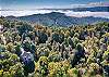 Aerial view of home surrounded by mountain foliage. 