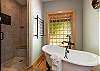 Primary bath with a walk-in tiled shower, towel rack, and clawfoot tub with natural light.