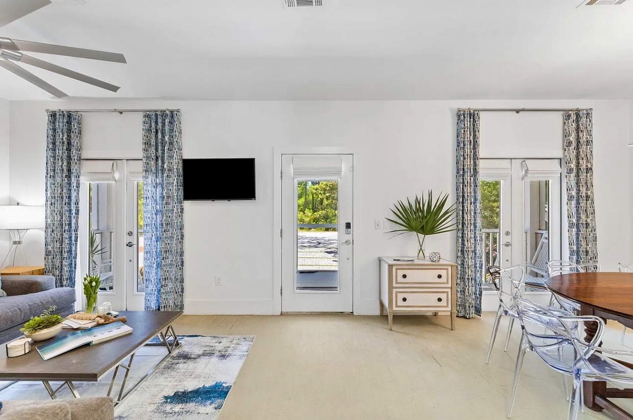 Front door, living room, dining room 